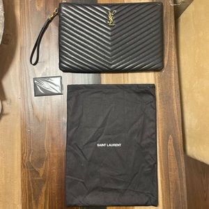 Monogram YSL Large Chevron Quilted Flat Wristlet Pouch Black